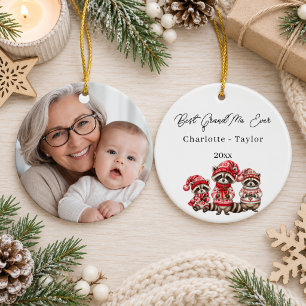 Weihnachtsbestes Oma-Waschbären-Aquarell-Foto Keramik Ornament