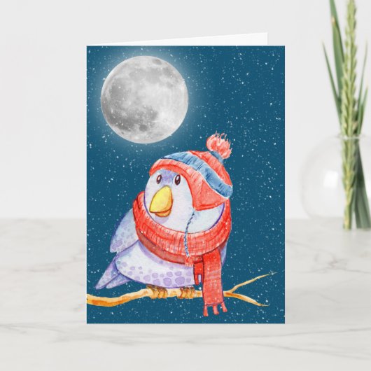 Weihnachtsbird und Mond mit Schneeflocken Karte (Vorderseite)