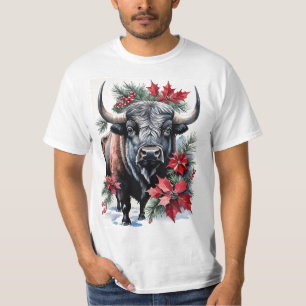Weihnachtsbison mit großen Hörnern und Poinsettien T-Shirt