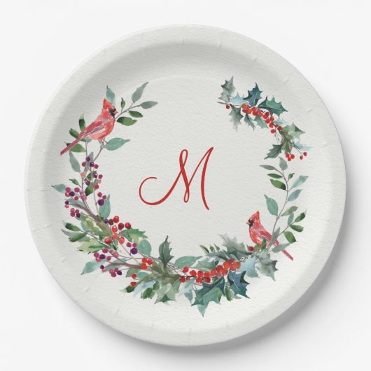 Weihnachtsblatt, Heilige, Kardinal-Vogel Monogramm Pappteller (Vorderseite)