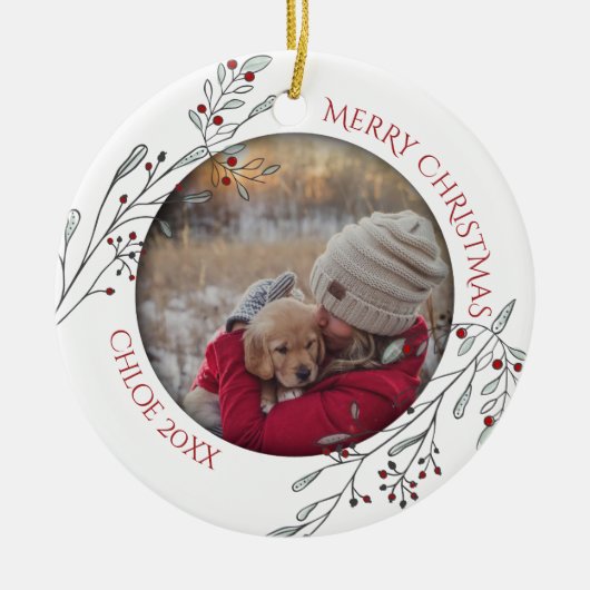 Weihnachtsblätter und Berries Keramik Ornament (Vorne)