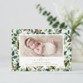 Weihnachtsblättermuster Foto Geburt Ankündigung (Stehend Vorderseite)