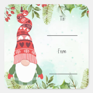 Weihnachtsblättern Berries Gnome Quadratischer Aufkleber