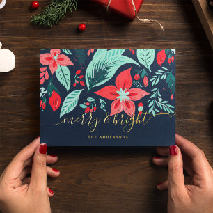 Weihnachtsblau Botanisch Floral Gold Folien Feiertagskarte