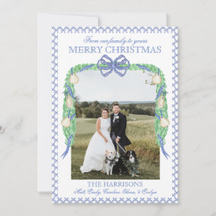 Weihnachtsblaue Gingham-Girlande Ein Foto Vintage Feiertagskarte
