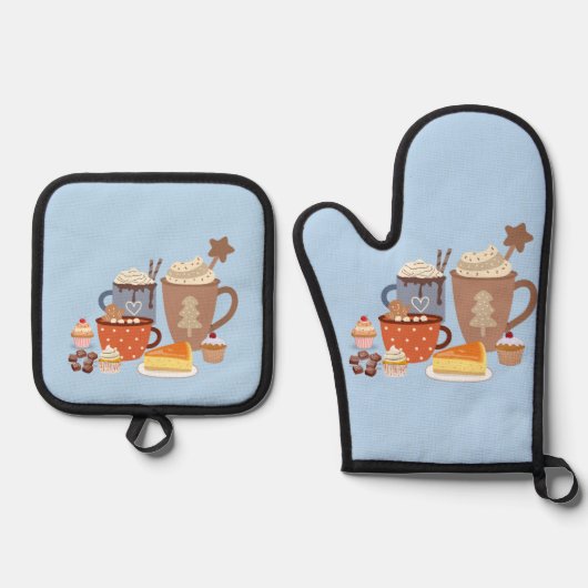 weihnachtsblaue Kaffeestil Ofenhandschuh & Topflappen-Set (Vorderseite)