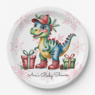 Weihnachtsblauer Dino und Geschenke Junge Baby-Par Pappteller