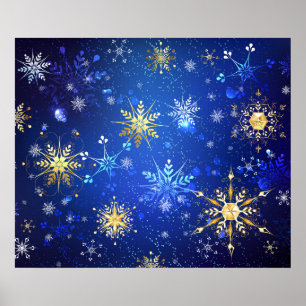 Weihnachtsblauer Hintergrund mit goldenen Schneefl Poster