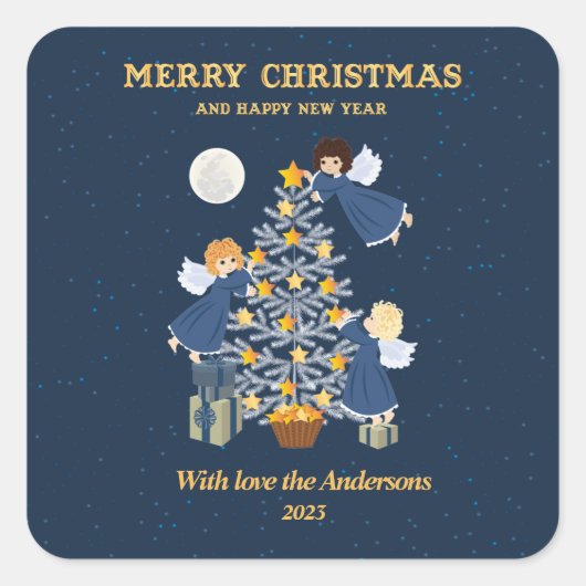 Weihnachtsblauer niedlicher Kinderangelenbaum Quadratischer Aufkleber (Vorderseite)