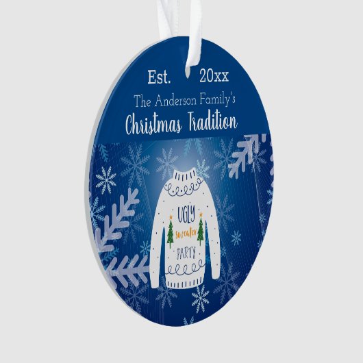 Weihnachtsblauer Party hässlicher Pullover Ornament (Vorderseite)