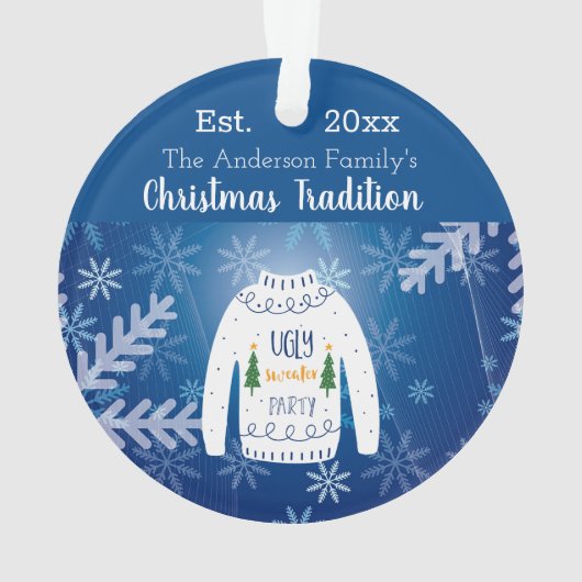 Weihnachtsblauer Party hässlicher Pullover Ornament (Rückseite)