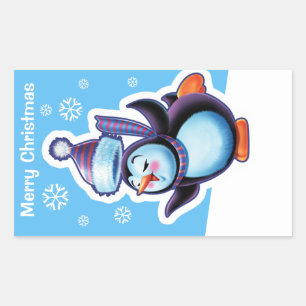 Weihnachtsblauer rechteckiger Aufkleber Pinguin Sk