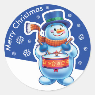 Weihnachtsblauer Rundaufkleber Snowman Schlagzeug. Runder Aufkleber