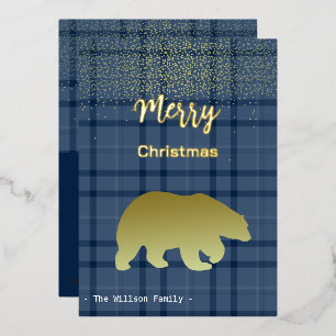 Weihnachtsblauer Tartan und Goldener Bär Folien Feiertagskarte