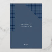 Weihnachtsblauer Tartan und Hirsch Folien Feiertagskarte (Rückseite)