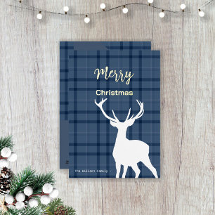 Weihnachtsblauer Tartan und Hirsch Folien Feiertagskarte
