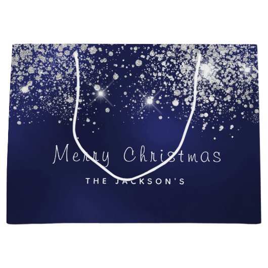 Weihnachtsblauer weißer Glitzer Große Geschenktüte (Vorderseite)
