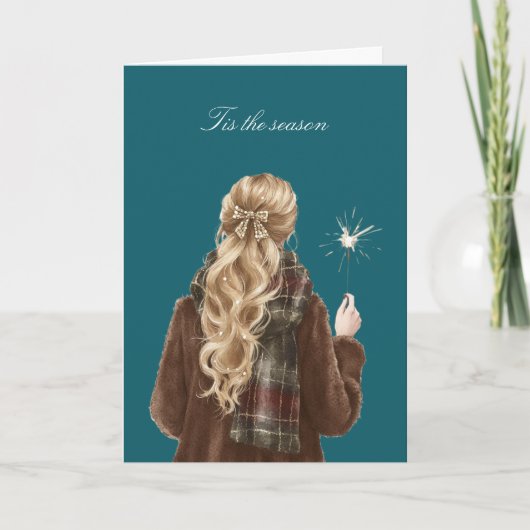 Weihnachtsblondhaar-Mädchen-Funkel-Feier Karte (Vorderseite)