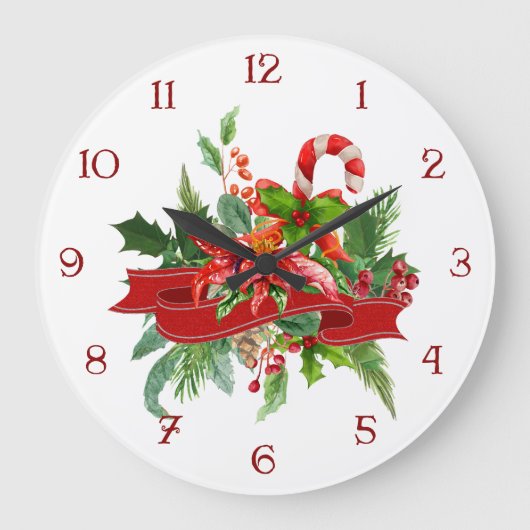 Weihnachtsblume, Ribbon und Candy Cane Große Wanduhr (Vorderseite)