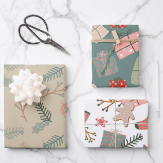 Weihnachtsblume und Geschenke Mix von 3 Geschenkpapier Set