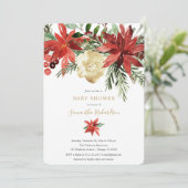 Weihnachtsblumen-Bordeaux-Goldbrunnen-Babydusche Einladung (Stehend Vorderseite)