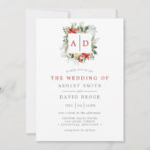 Weihnachtsblumenmonogramm Rot und Grün Hochzeit Einladung (Vorderseite)