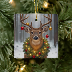 Weihnachtsbock mit leuchtendem Kranz Keramikornament