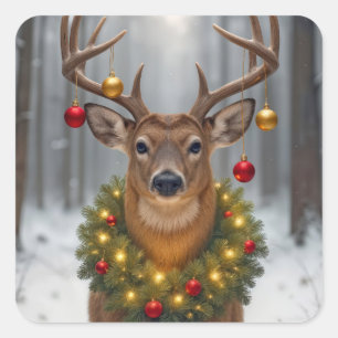 Weihnachtsbock mit leuchtendem Kranz Quadratischer Aufkleber