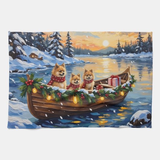 Weihnachtsboot-Feier mit Pomeranian Geschirrtuch (Horizontal)
