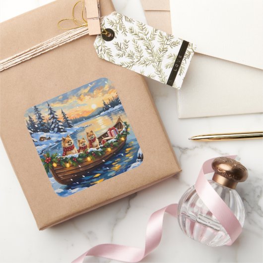 Weihnachtsboot-Feier mit Pomeranian Quadratischer Aufkleber (Schenken)