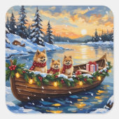 Weihnachtsboot-Feier mit Pomeranian Quadratischer Aufkleber (Vorderseite)