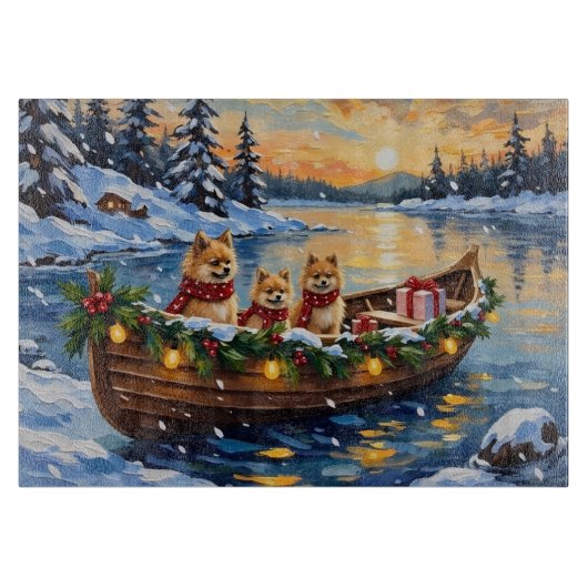 Weihnachtsboot-Feier mit Pomeranian Schneidebrett (Vorderseite)