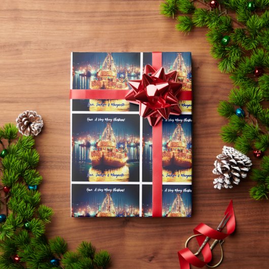 Weihnachtsboot mit goldenen Lichtern Geschenkpapier (Feiertagsgeschenk)