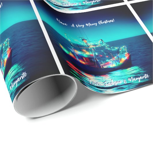 Weihnachtsboot mit Lichtern Geschenkpapier (Rolleneckpunkt)