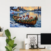 Weihnachtsboot mit weißen Samojeden - Urlaubsfreud Poster (Heimbüro)