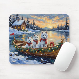 Weihnachtsboot mit weißen Samojeden - Winterurlaub Mousepad
