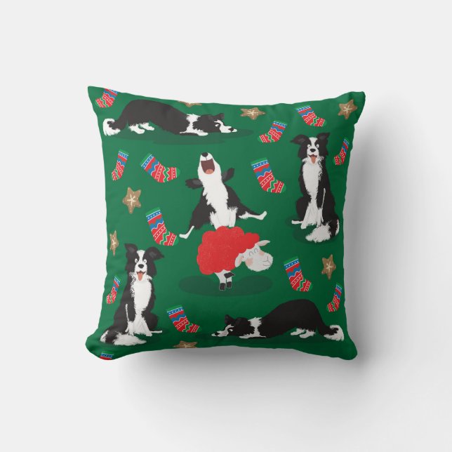 Weihnachtsborder Collie grün Kissen (Vorderseite)