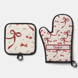 Weihnachtsbows All-over-Print-Schürze, Mittel Ofenhandschuh & Topflappen-Set