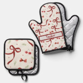 Weihnachtsbows All-over-Print-Schürze, Mittel Ofenhandschuh & Topflappen-Set (Vorderseite/Rückseite)