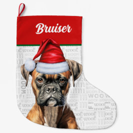 Weihnachtsboxer Hund mit Name Woof Background Großer Weihnachtsstrumpf