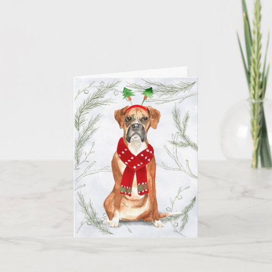 Weihnachtsboxer Hund und Botanische Kiefern Feiertagskarte (Vorderseite)