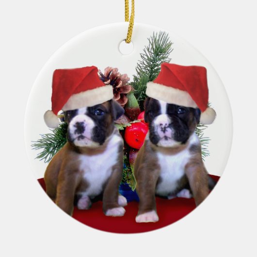 Weihnachtsboxer-Welpenverzierung Keramikornament (Vorne)