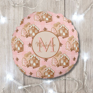 Weihnachtsbraun Lebkuchenhäuschen Rosa Kariert Bäu Rundes Kissen