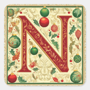 Weihnachtsbrief N: Rot, Grün, Gold Feierlich Quadratischer Aufkleber