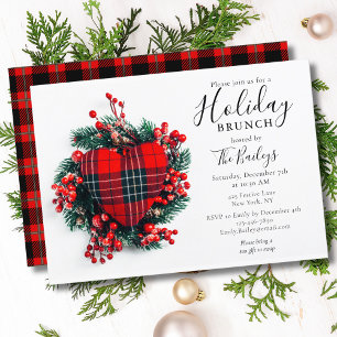 Weihnachtsbrunch Roter Tartan-Herz Immergrün Einladung