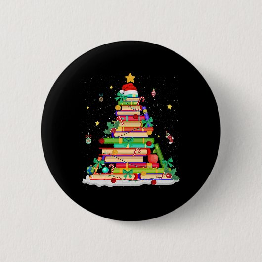 Weihnachtsbuch Bibliothek Baum Lichter Lustiger Bi Button (Vorderseite)