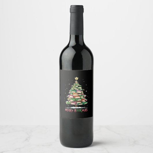 Weihnachtsbuch "Lover Tree Librarian Merry Bookmas Weinetikett (Vorderseite)