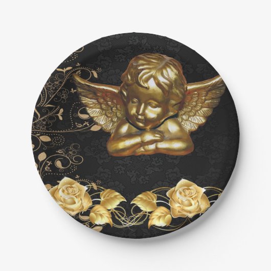 Weihnachtsbuch-Teller, Frohe Weihnachts-Gold-Engel Pappteller (Vorderseite)