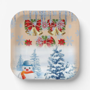 Weihnachtsbuch-Teller, Frohe Weihnachtsschneemann Pappteller