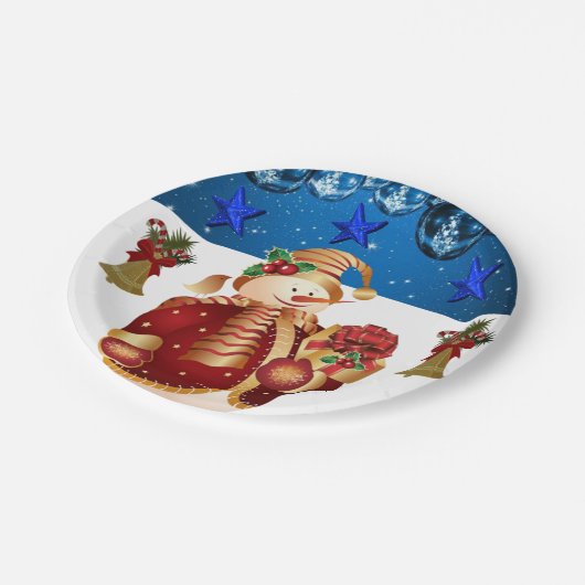 Weihnachtsbuch-Teller, Schneemann Pappteller (Schrägansicht)